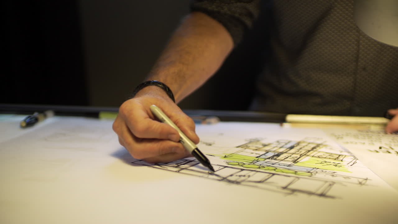 arquitecto ingeniero esbozando planos en papel sobre el escritorio - tiro panorámico a la derecha