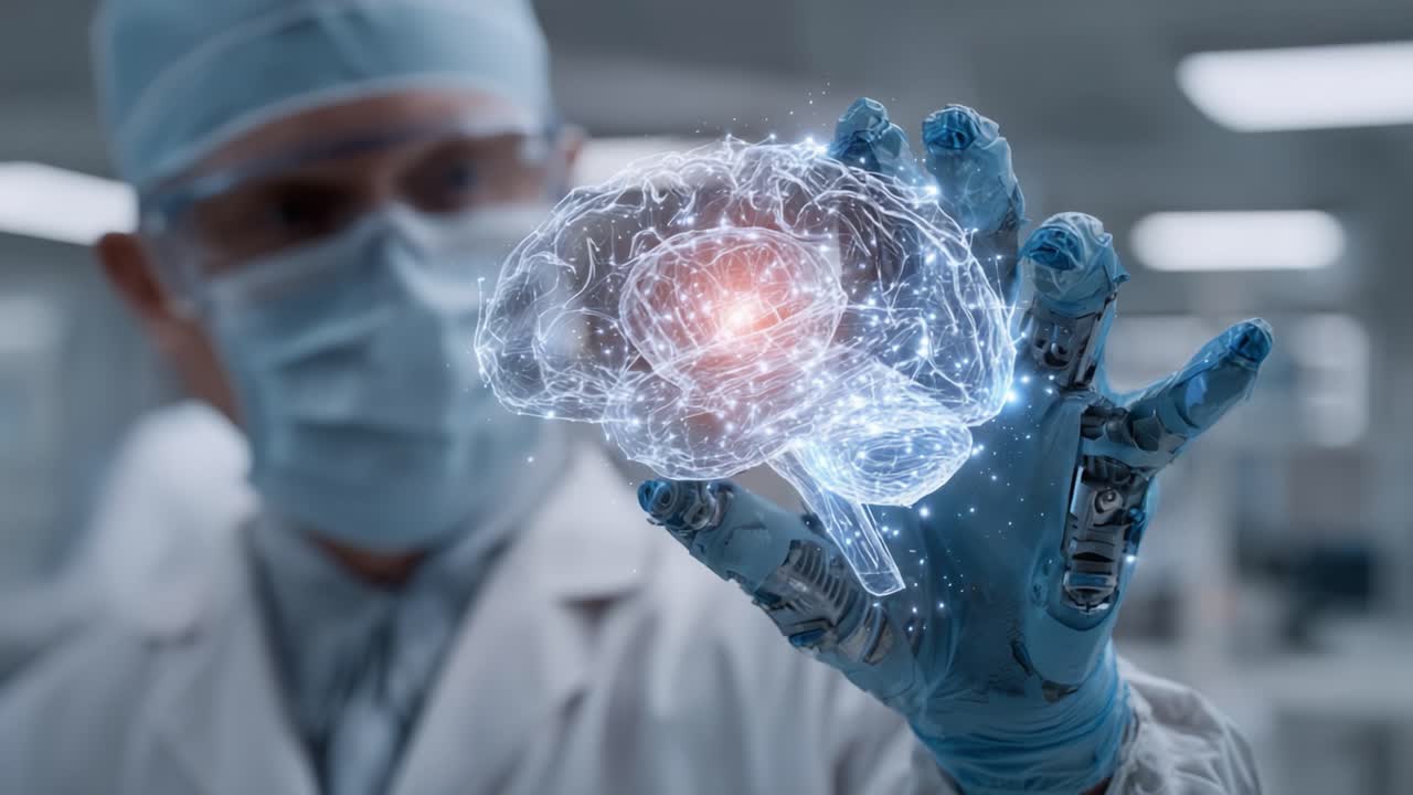 Investigación médica innovadora mostrando a un científico en un laboratorio sosteniendo una representación holográfica de un cerebro, simbolizando avances en neurociencia y tecnología.