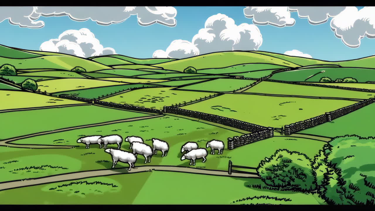 Cartoon illustration of sheep grazing in a green rural landscape with rolling hills and stone walls