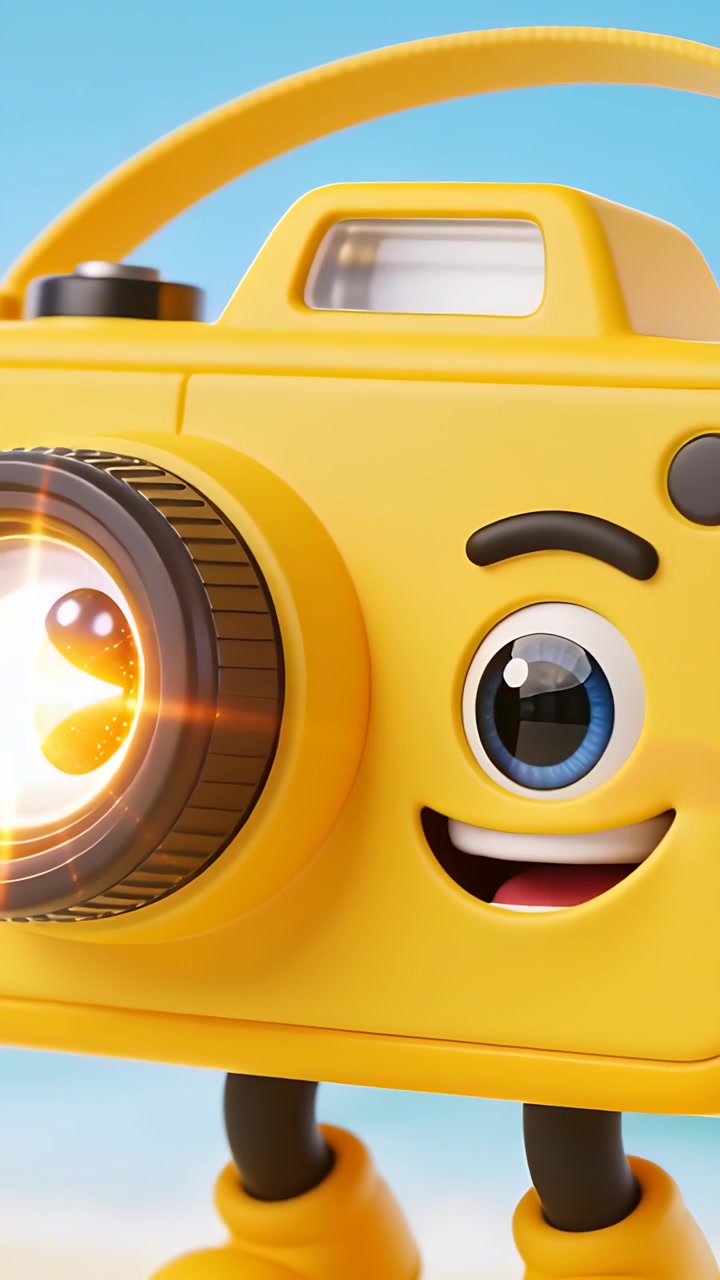 Vertikal video: Linseblits får et gult kamera til å åpne et blått øye og smile på stranden.