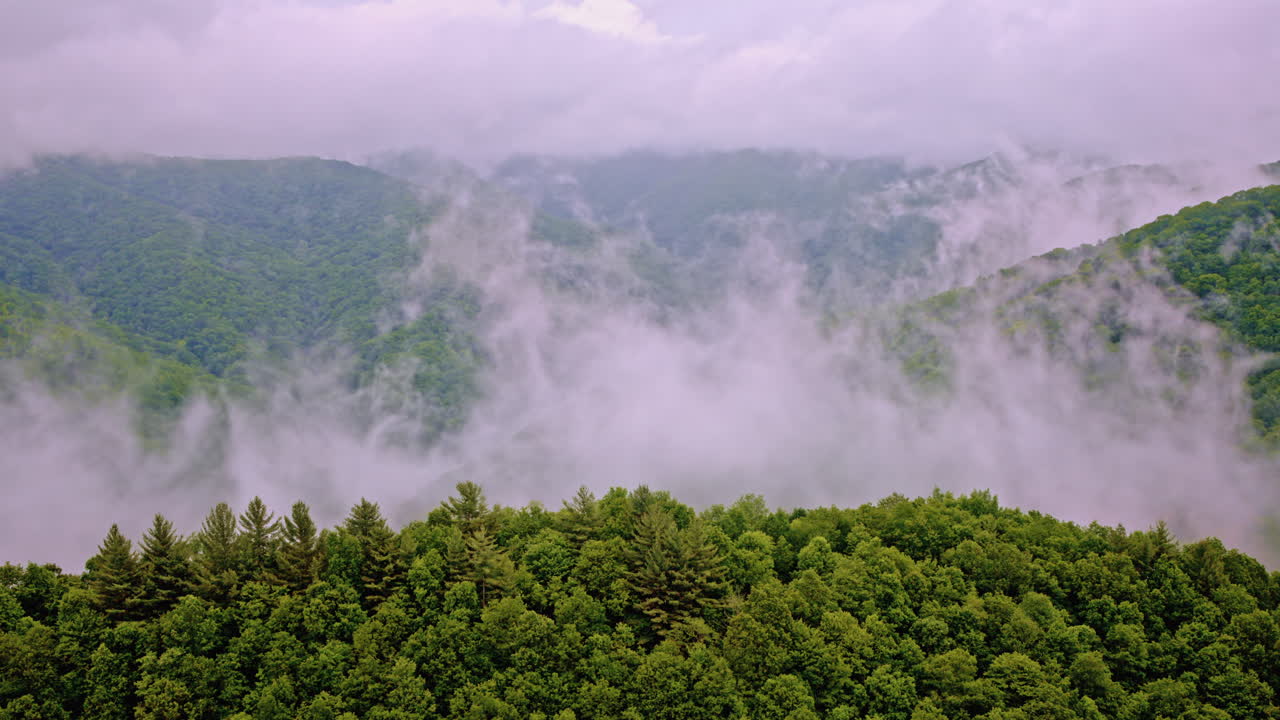 Smoky Mountains disappear into fog in this cinematic aerial shot