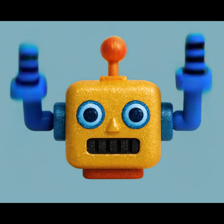 Simpatico robot giocattolo che muove le braccia su sfondo blu