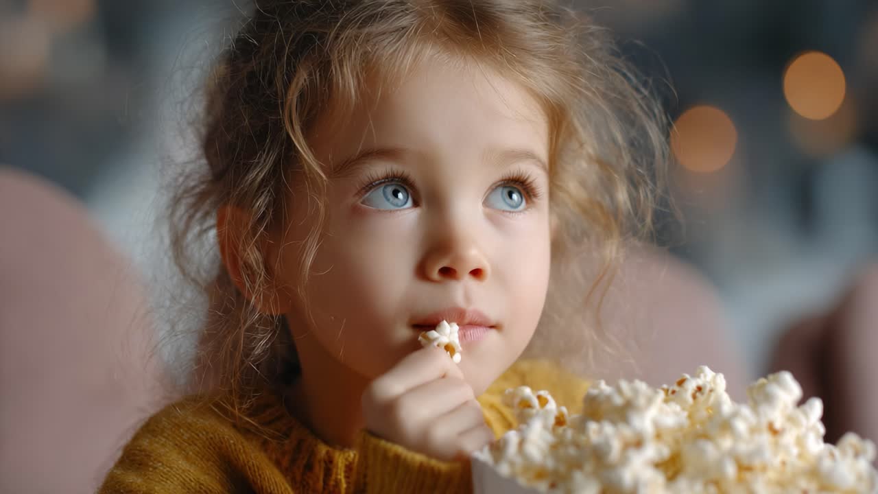 A Curious Child Enjoying Popcorn at a Cozy Indoor Setting, Capturing a Moment of Anticipation and Delight, Perfect for Movie Night or Snack Time