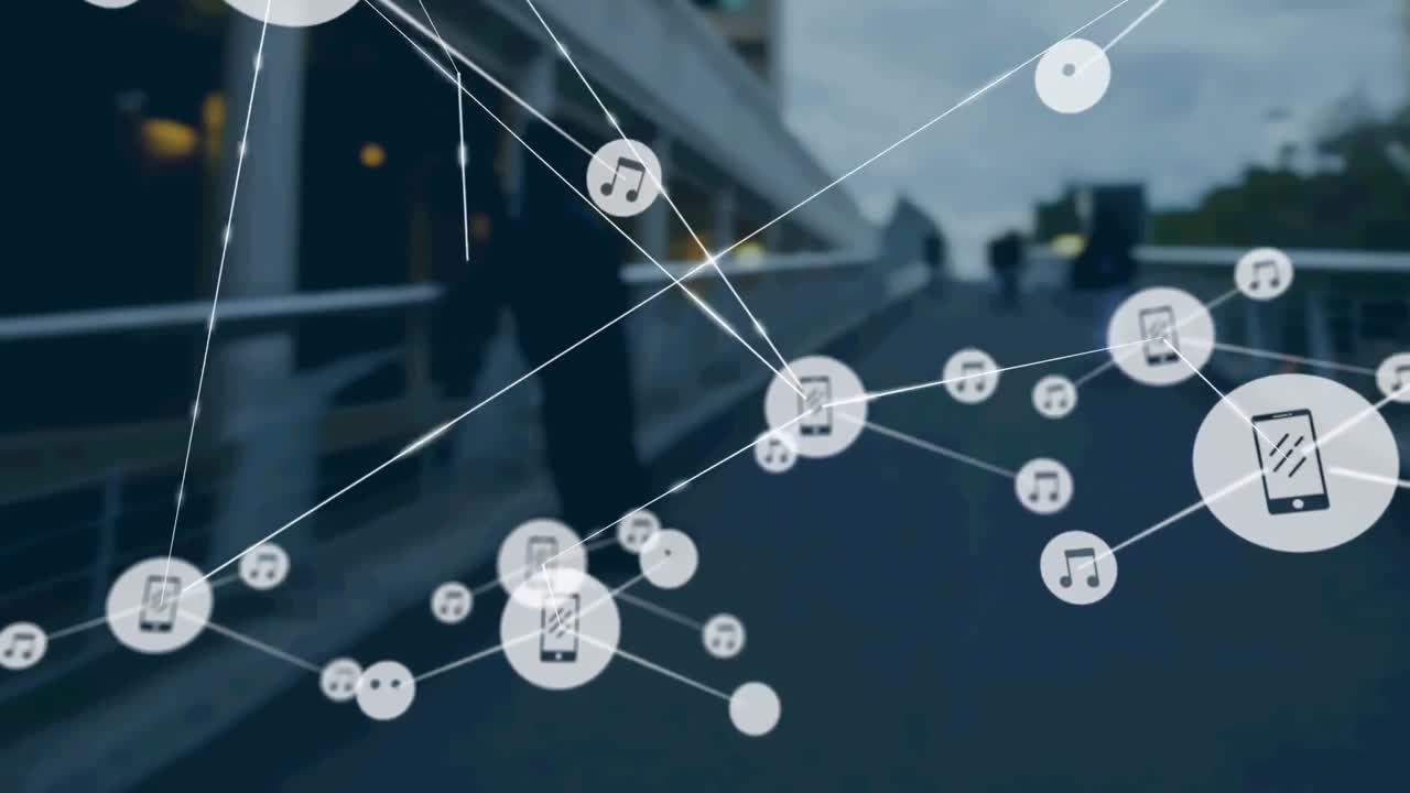 현대적인 건물 위의 아이콘과 연결 네트워크의 애니메이션