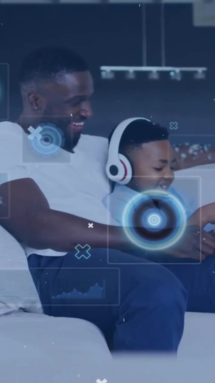 Animation of data processing over african american father and son using tablet