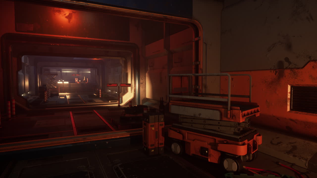 A dark and futuristic corridor inside a spaceship.