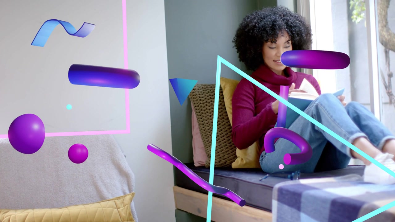 Woman tapping tablet and shifting on bench, initiating purple 3D shapes showing technology content
