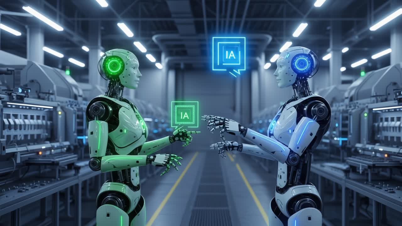 Two Advanced Robots Engaging in Communication within a High-Tech Manufacturing Facility, Highlighting Artificial Intelligence and Collaborative Interaction