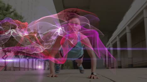 Animation-of-glowing-light-trails-over-woman-doing-push-ups-in-urban-park