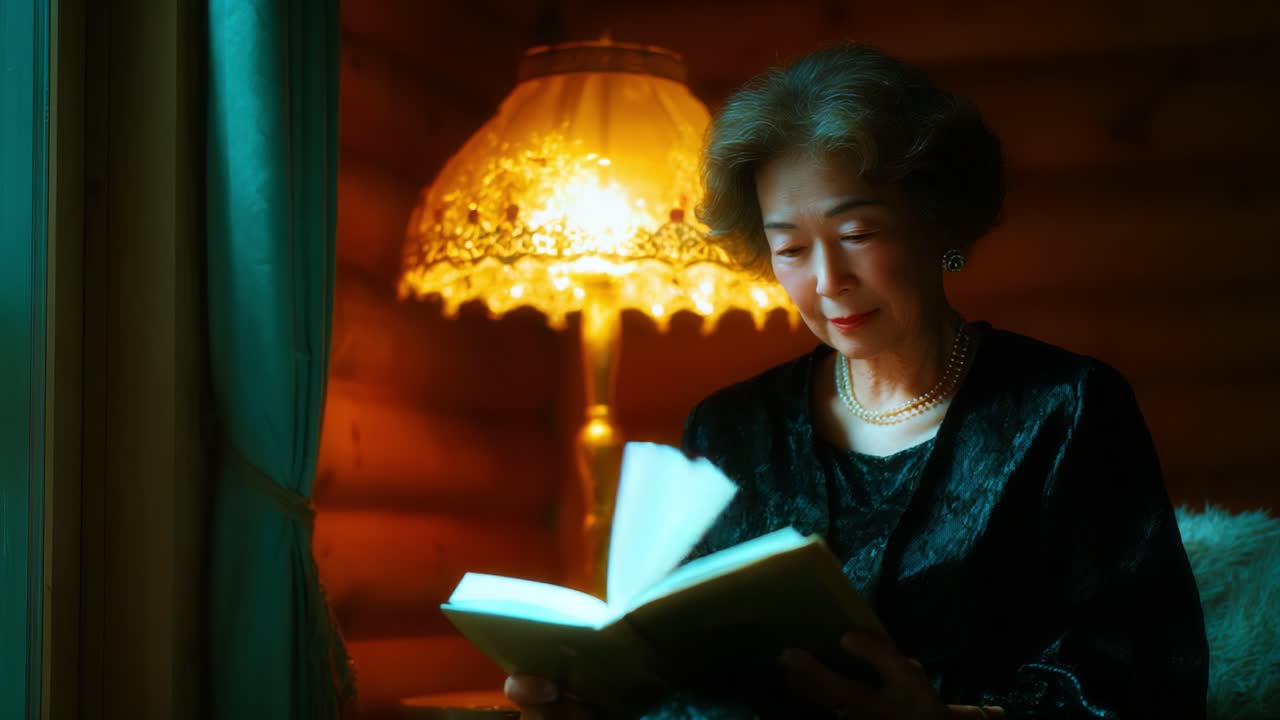 An Elegant Elderly Woman Reading in a Cozy, Dimly Lit Room with a Beautiful Lamp, Capturing the Serenity of Literary Escape and the Warmth of Intimate Moments in Life's Quiet Spaces