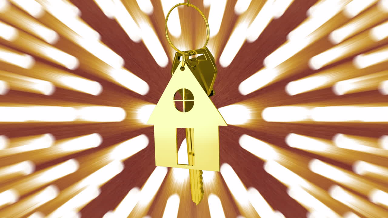 animación de la llave de la casa de oro y la llave sobre los senderos de luz brillante en el fondo