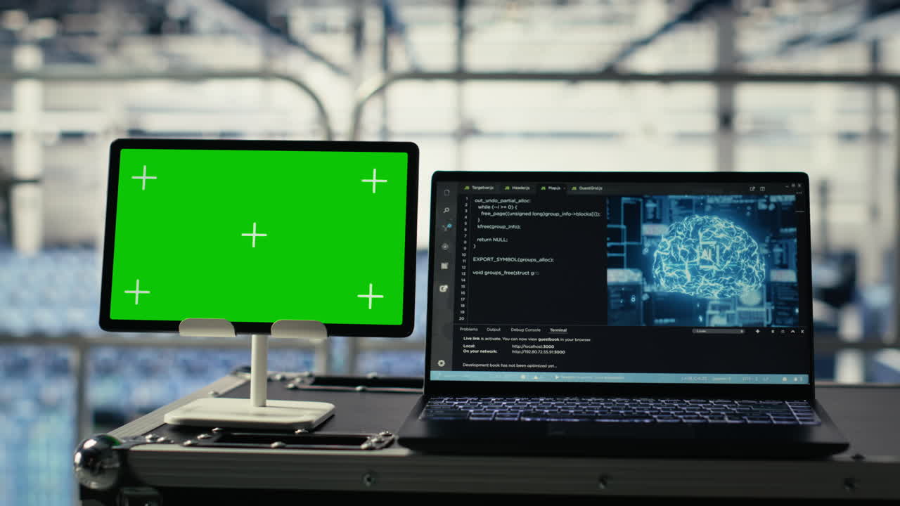 Green Screen Tablet In Server Room With Equipment Rigs Supporting Ai