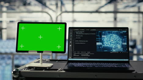green screen tablet in server room with equipment rigs supporting ai