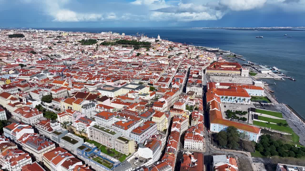 Lisbon Skyline At Lisbon In District Of Lisbon Portugal. Coastline Scenery. Beautiful Cityscape. Lisbon Skyline At Portugal. Cais Do Sodre Landscape. Tourism Landmark.