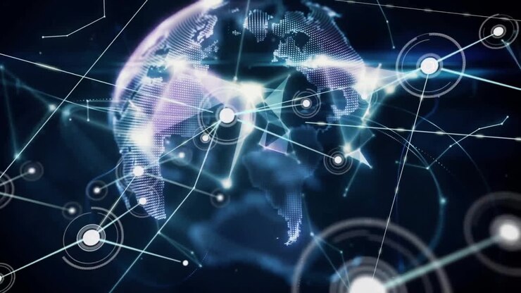 Animation of connections with data processing and globe over black background