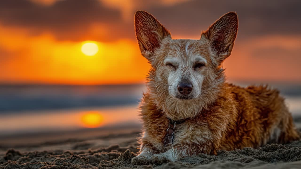 Ein gelassener Moment: Ein Hund, der am Strand bei Sonnenuntergang entspannt und dabei die Schönheit der Natur und der Kameradschaft in einer friedlichen Umgebung einfängt.