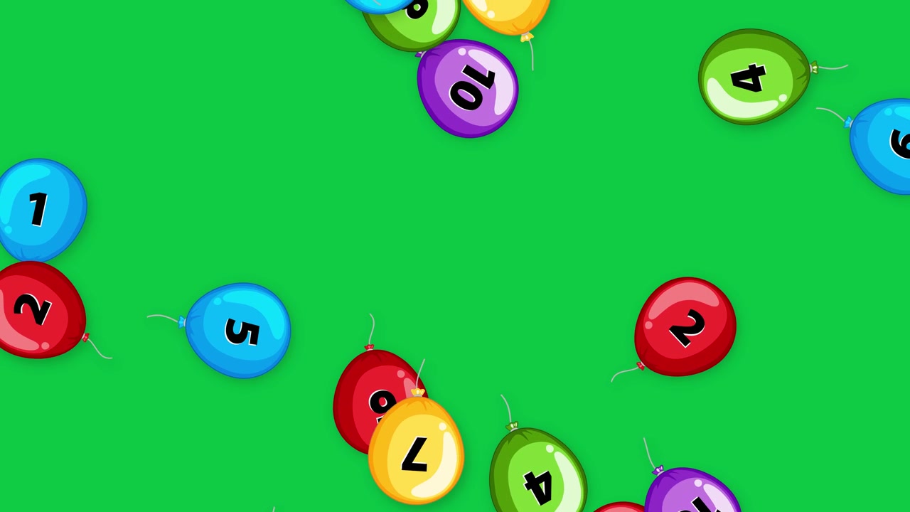 Vibrant balloons with numbers fall vertically through a green screen studio environment with smooth motion.