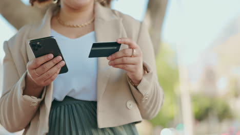 woman in city, smartphone and credit card