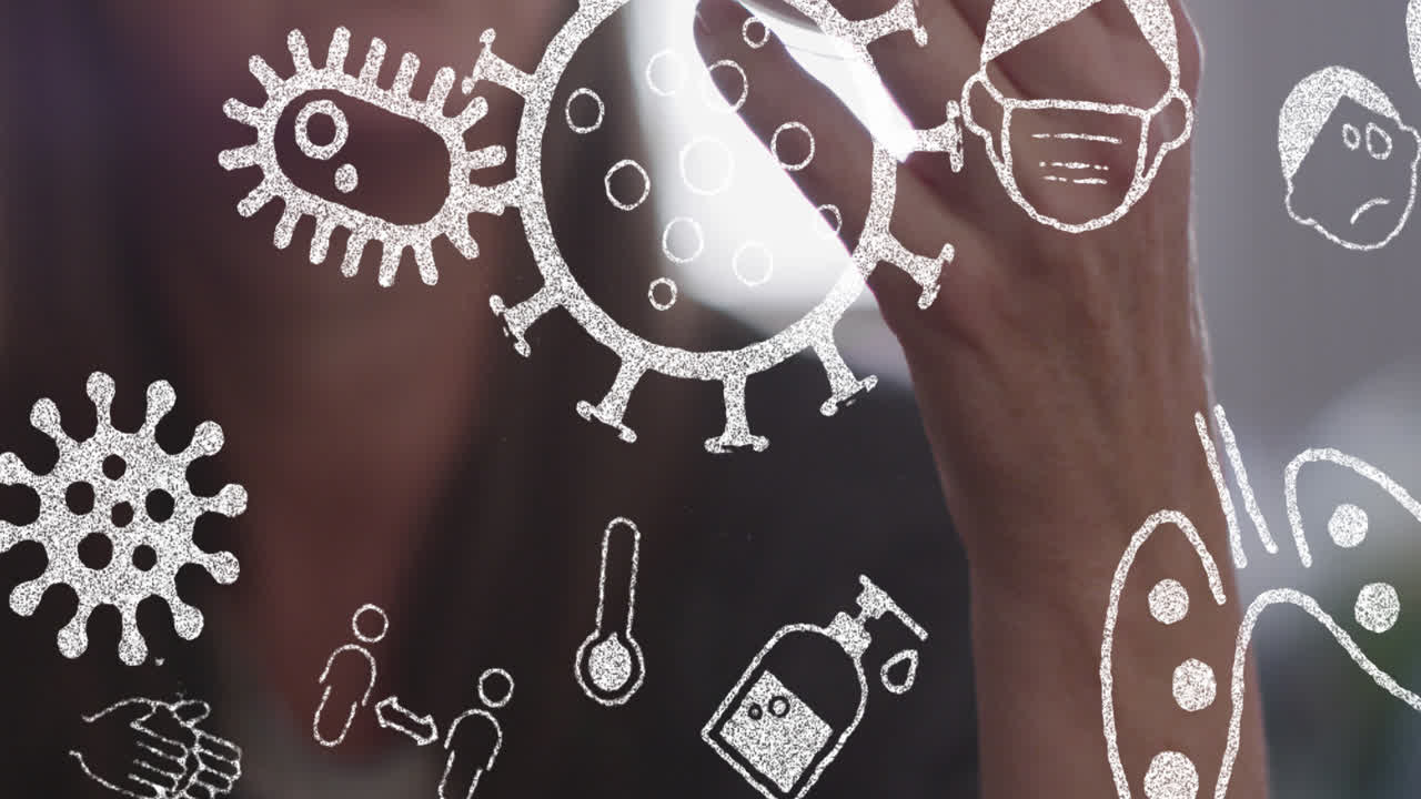 코로나19 콘셉트 아이콘과 백인 고령 여성이 약통을 들고 있다.