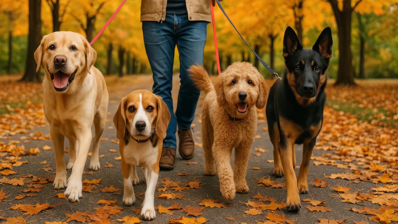 A low-angle video shot of a person walking four dogs on a leaf-covered path, surrounded by vibrant