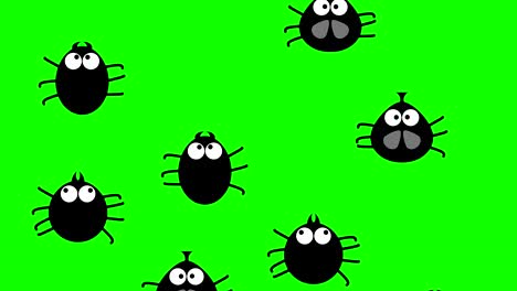 funny black insects creep up on green screen, 2d animated cartoon, seamless