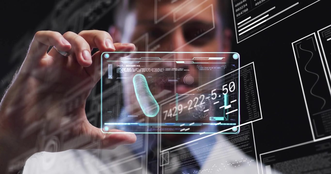 Lab scientist holding clear tablet activating holographic scan revealing rotating cell model data