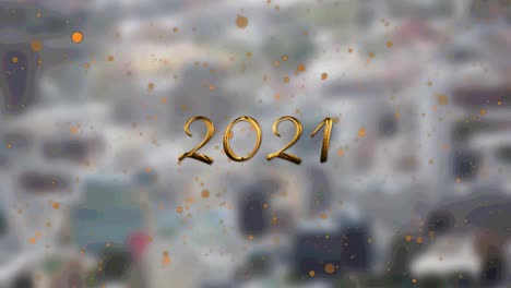 Animation-of-2021-and-yellow-spots-over-out-of-focus-cityscape-in-background