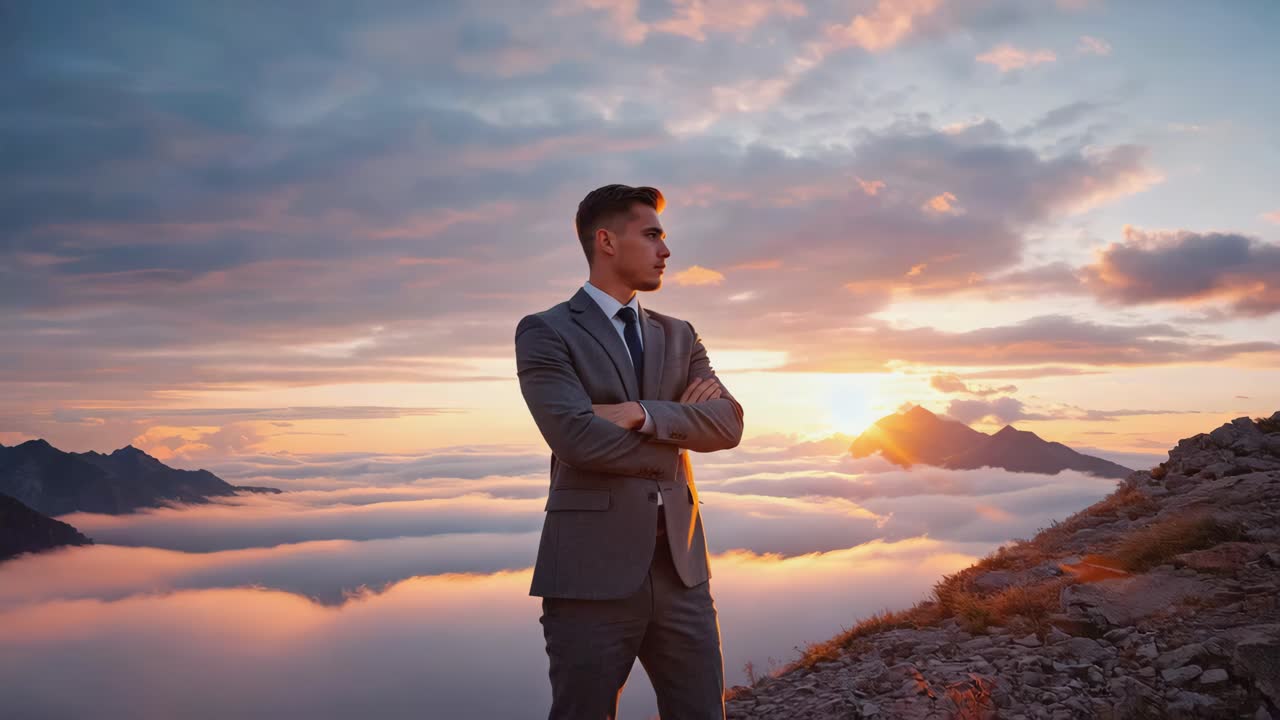 A businessman stands on a mountain top at sunrise, symbolizing success and achievement