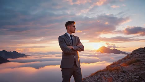 a businessman stands on a mountain top at sunrise, symbolizing success and achievement
