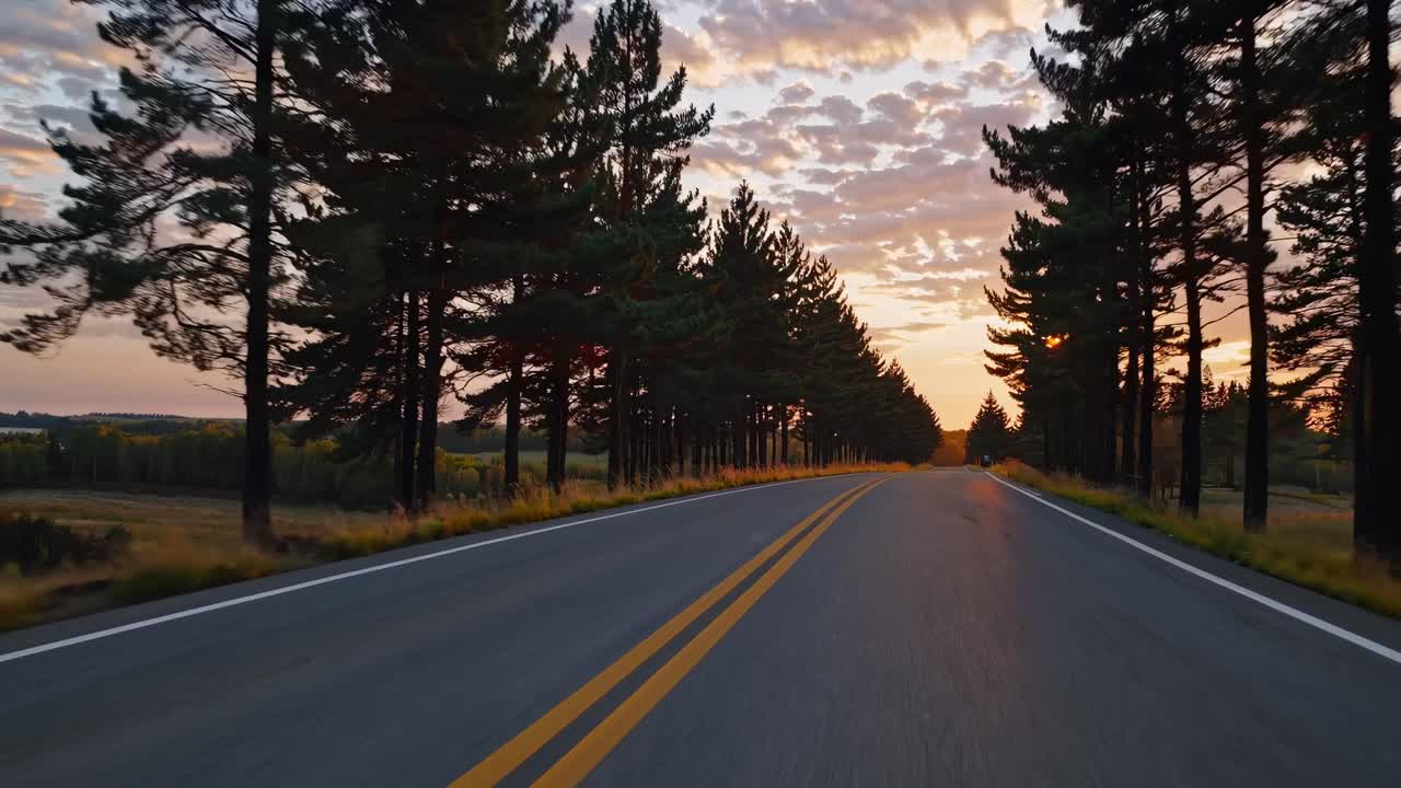 A scenic road at sunset with tall trees on both sides, captured from a low-angle, giving a cinematic