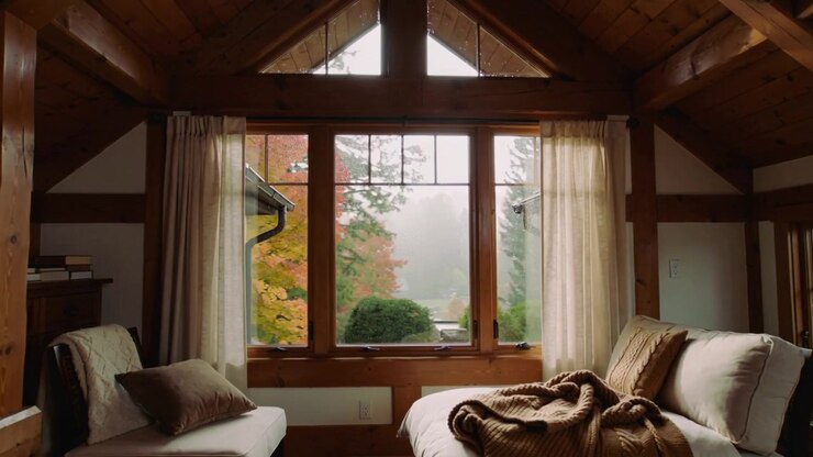 Panning camera revealing multi-pane window and daybed in loft bedroom, showing autumn foliage