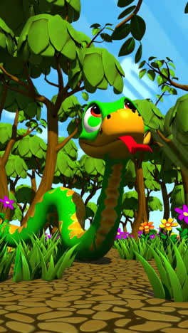 cute cartoon green snake in a lush jungle