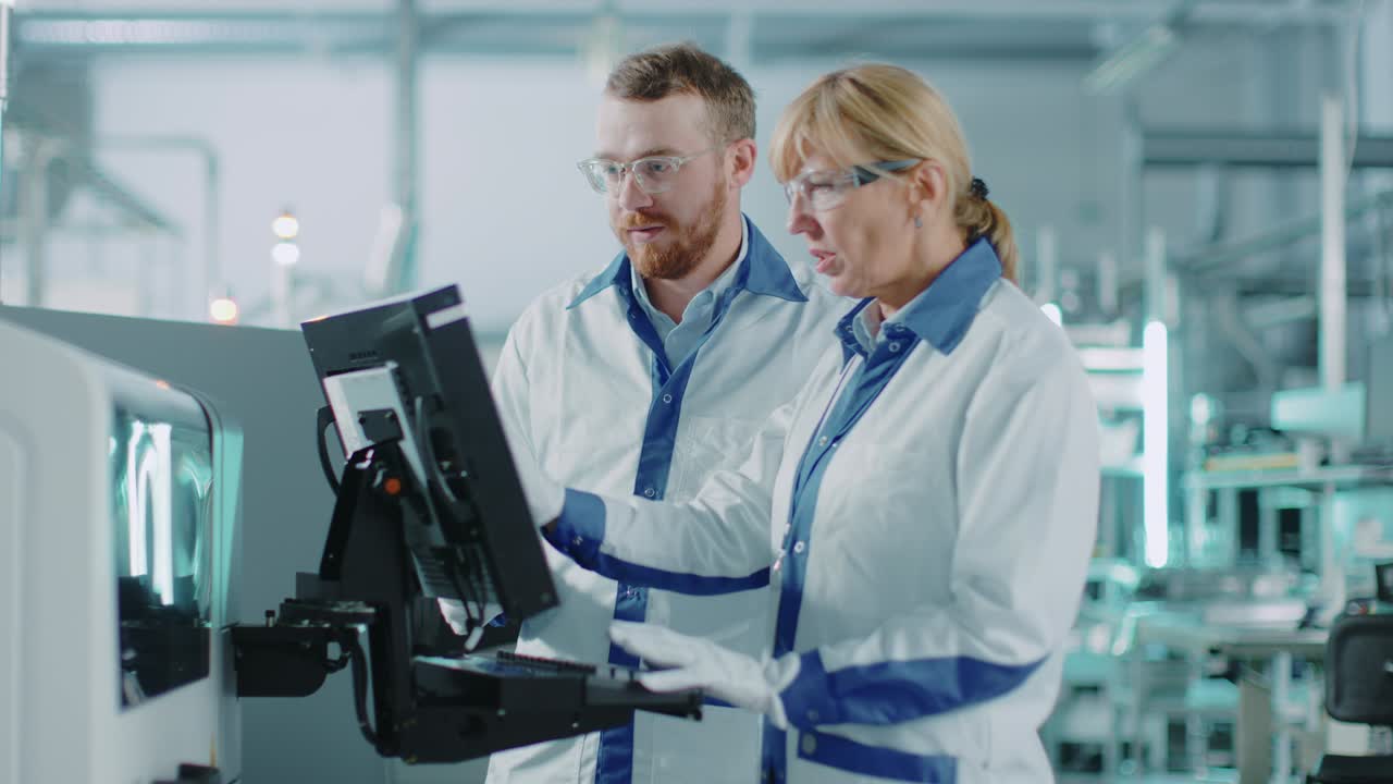 на высокотехнологичной фабрике женщины и мужчины-инженеры разговаривают и используют компьютер для программирования, выбирают и помещают электронные машины для линейки сборки поверхности печатных плат. производство pcb с машинами smt.