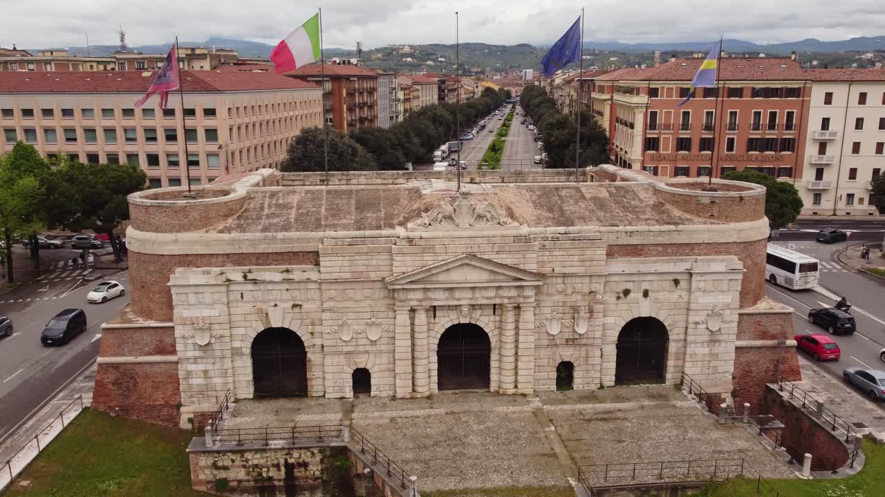 Historical City Gate Of Porta Nuova In Verona, Italy. Aerial Drone Shot