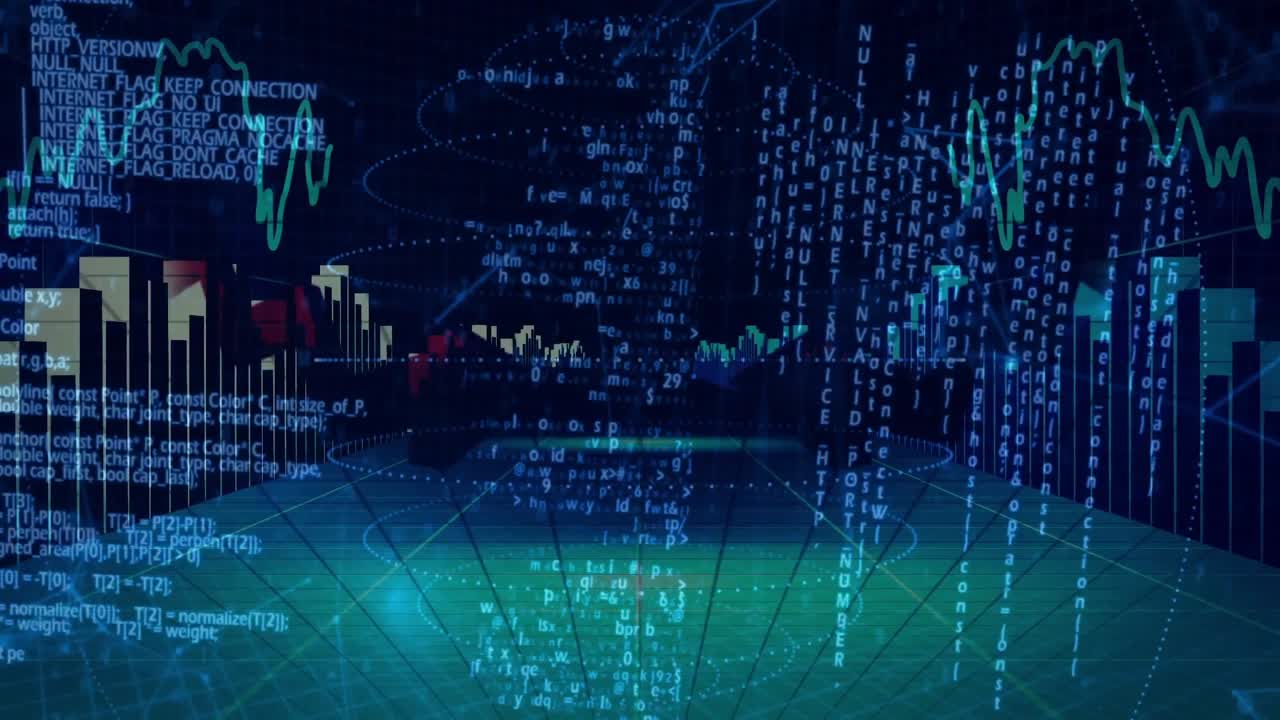 On data feed starting, 3D interface emitting rings and code flows demonstrating analytics