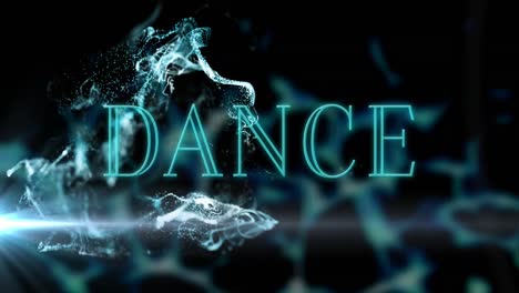 animation of neon dance text banner over blue light spot and digital waves against black background