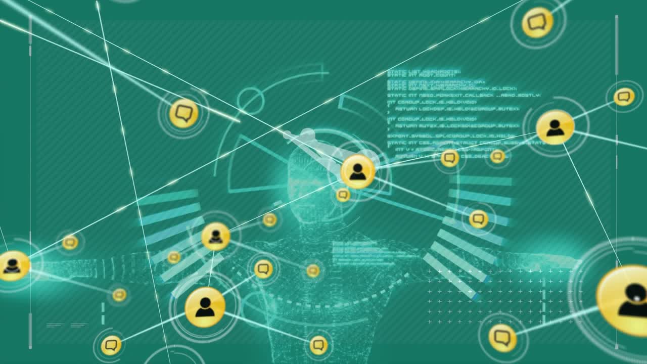 Animazione di una rete di connessioni su scansione e elaborazione dati su sfondo verde
