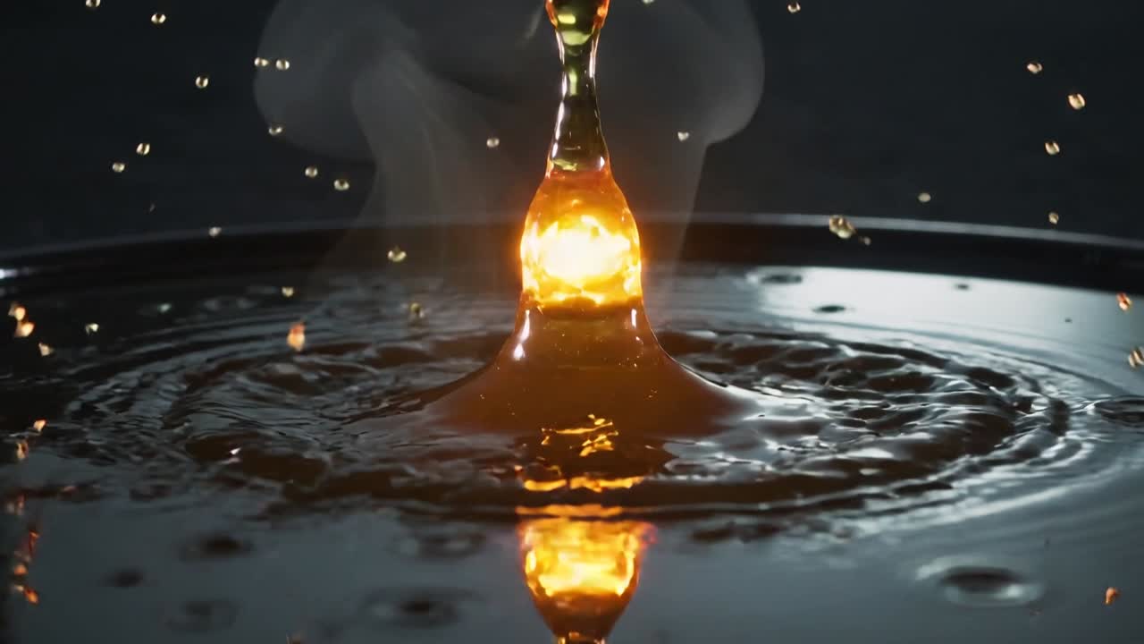 Dropping glowing droplet striking basin in studio for capture, forming crown and rising jet