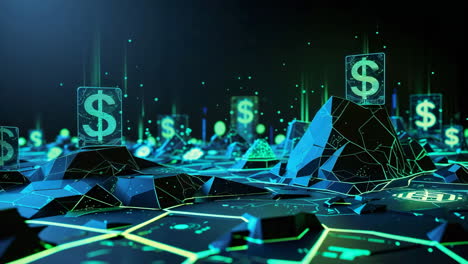 digital currency landscape with glowing dollar signs