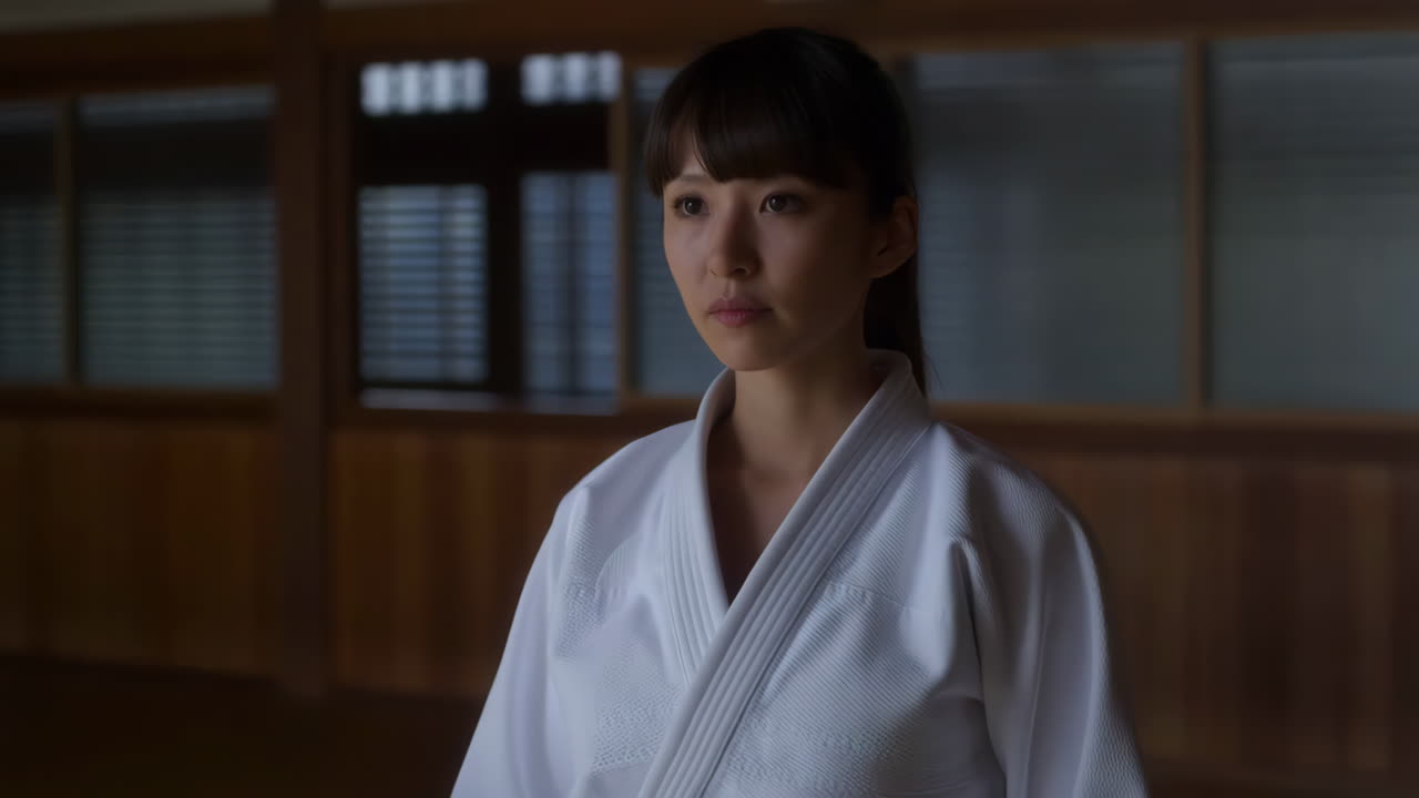 A young woman in a martial arts gi in a dojo