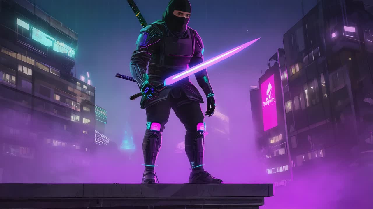 Cyberpunk Ninja Warrior i en futuristisk by