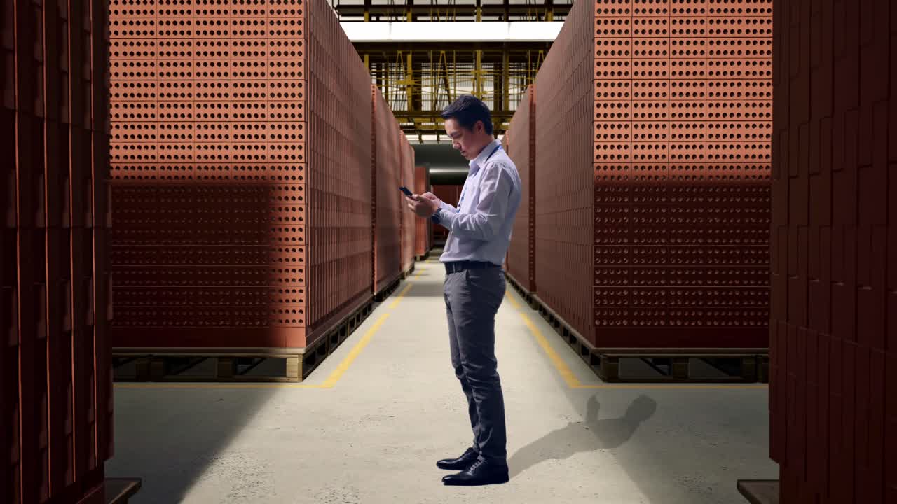 Businessman Checking Inventory in Brick Warehouse
