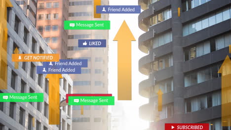 animation of falling social media icons and arrows over cityscape