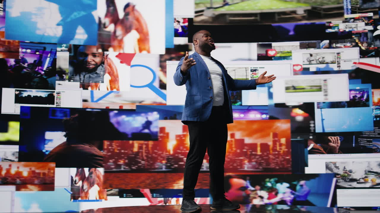 African American public speaker on stage surrounded by digital visuals