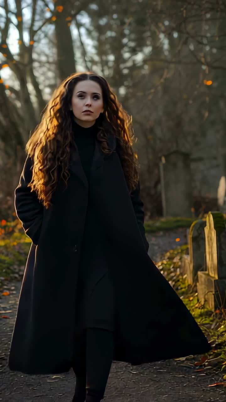 Video verticale: entrando nell'inquadratura, donna con lungo cappotto nero che percorre un sentiero in un cimitero, riflettendo
