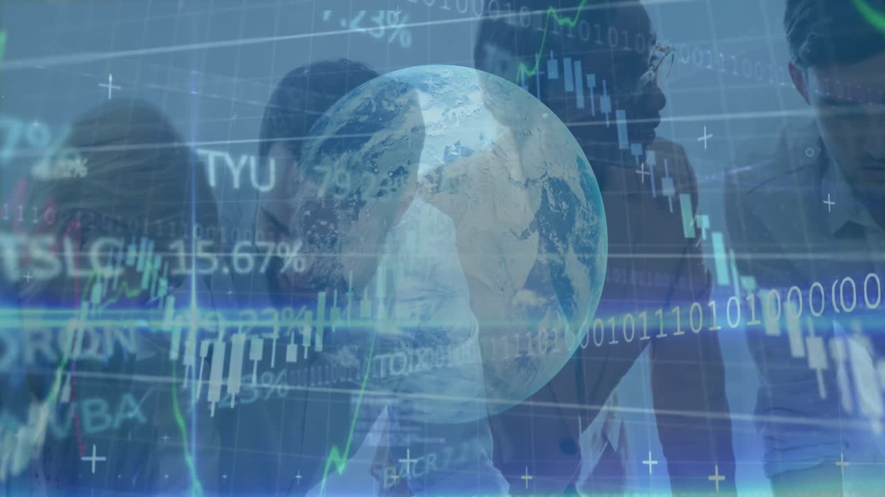 animación del procesamiento de datos financieros y el mundo sobre diversas personas de negocios