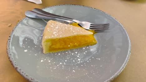 close view of delicious egg dessert, sliced, very typical in europe