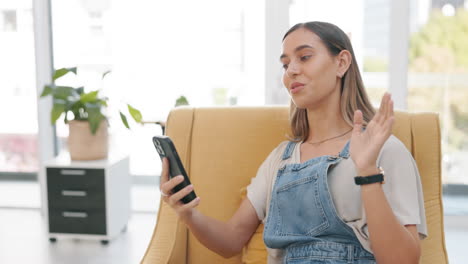 Woman,-phone-and-video-call-with-wave