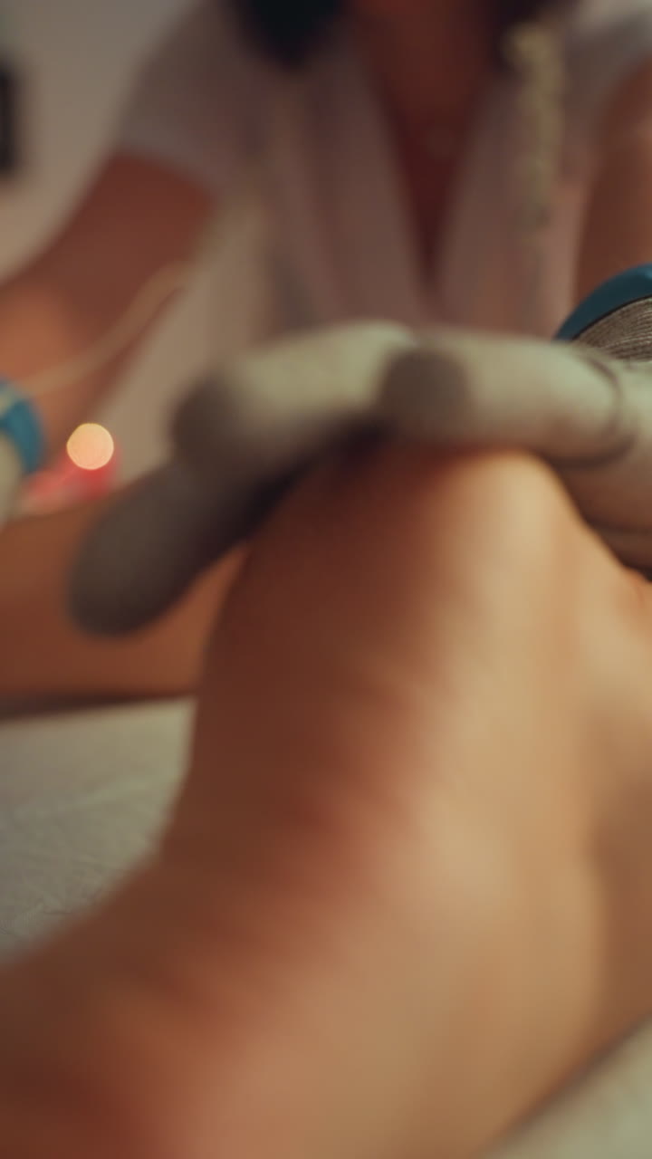 Handske-beklædt hånd masserer læg med mikrostrøm, dæmpet spa-rum, flimrende stearinlys, terapeut påfører ledende handske langs læg og ankel, langsomme strøg for cirkulation og muskelafslapning, nærbillede.