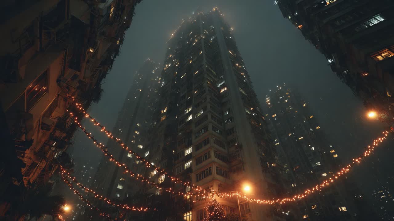 A Captivating Urban Nightscape: A Towering Building Illuminated and Shrouded in Mist, Surrounded by Festive Lights and a Mysterious Atmosphere